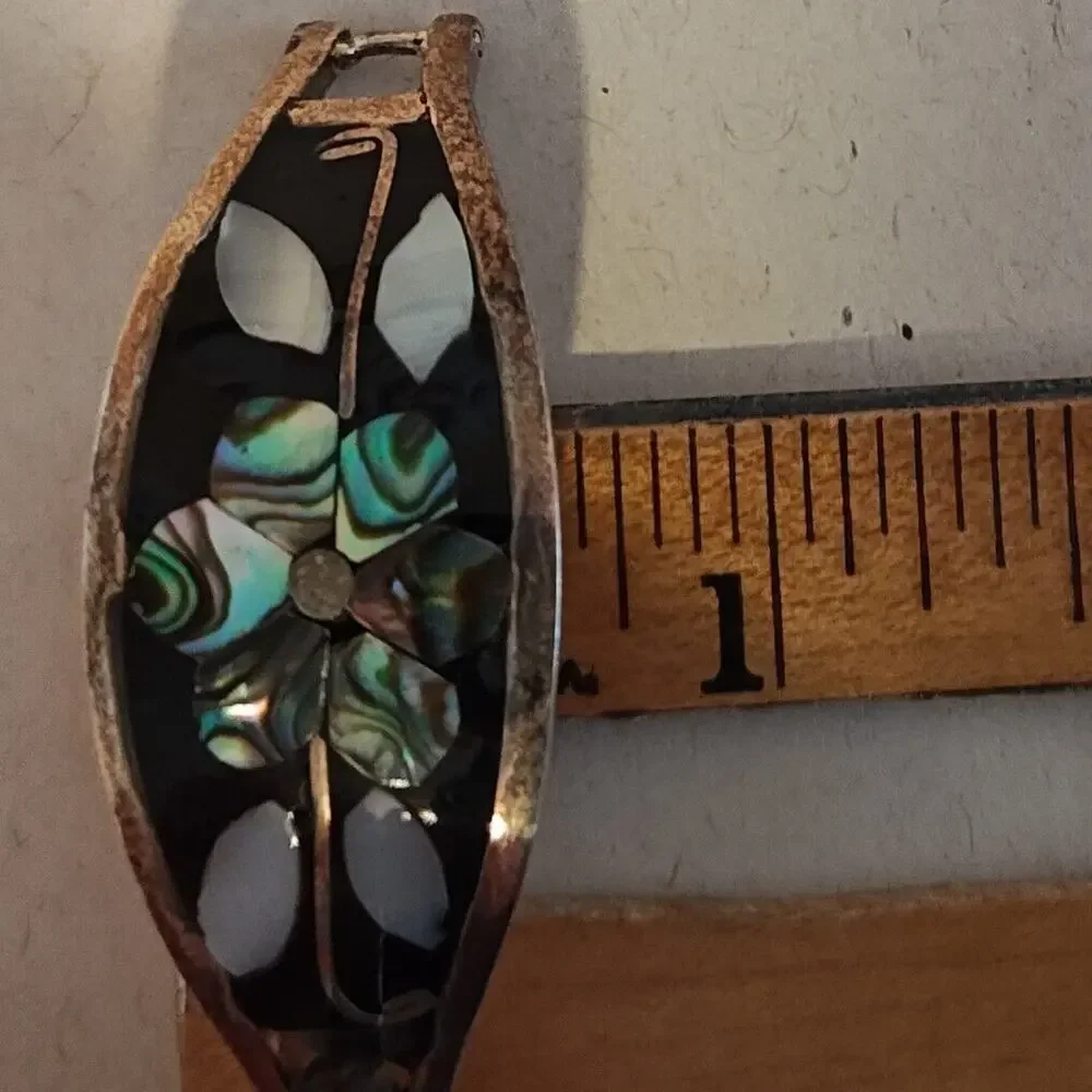 VTG Mexican Silver Hinged Bangle Bracelet Inlaid Flower Mother‎ of Pearl Childs
